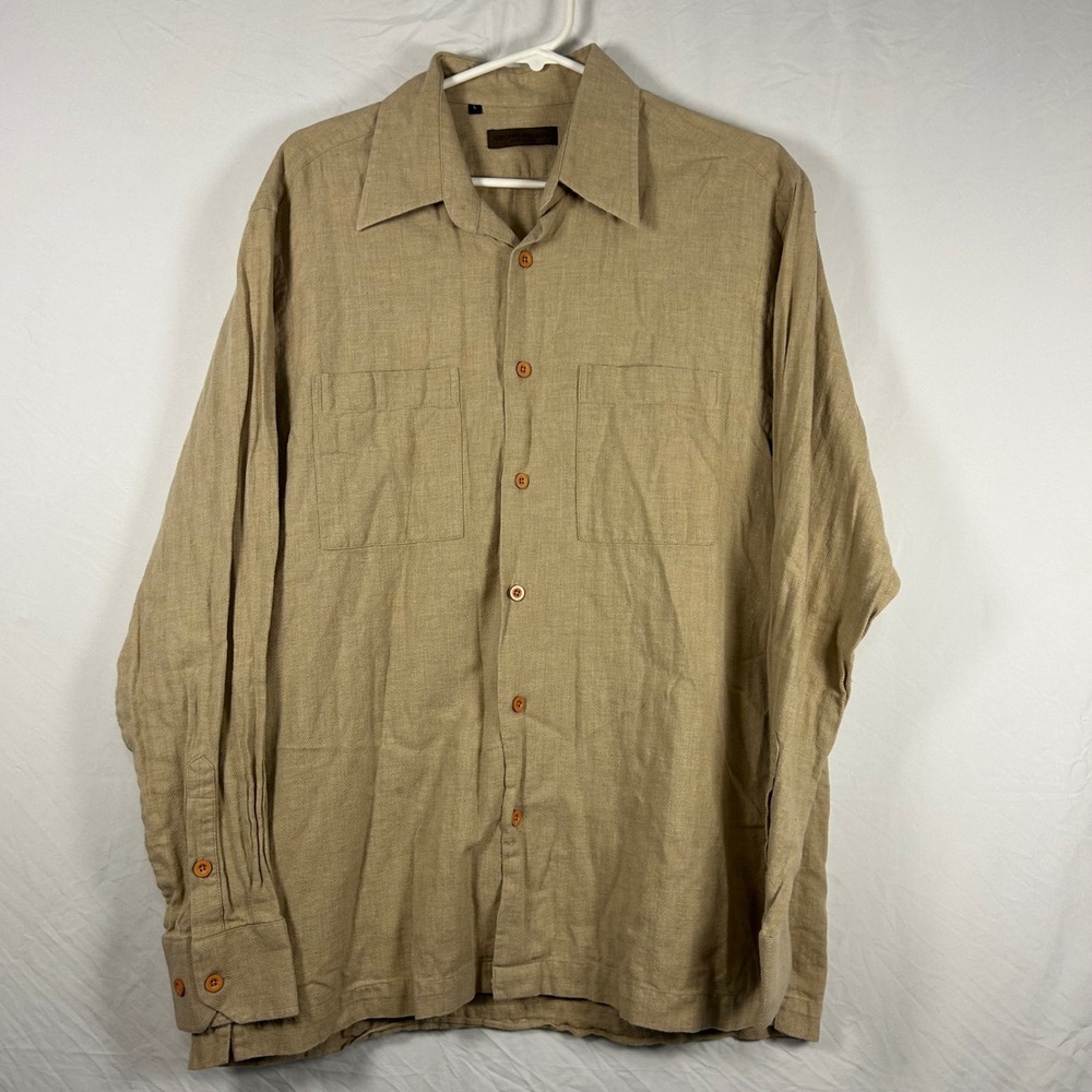 Gruppo Italiano Button Up Mens L Tan Cotton Herringbone Made in Italy Shirt